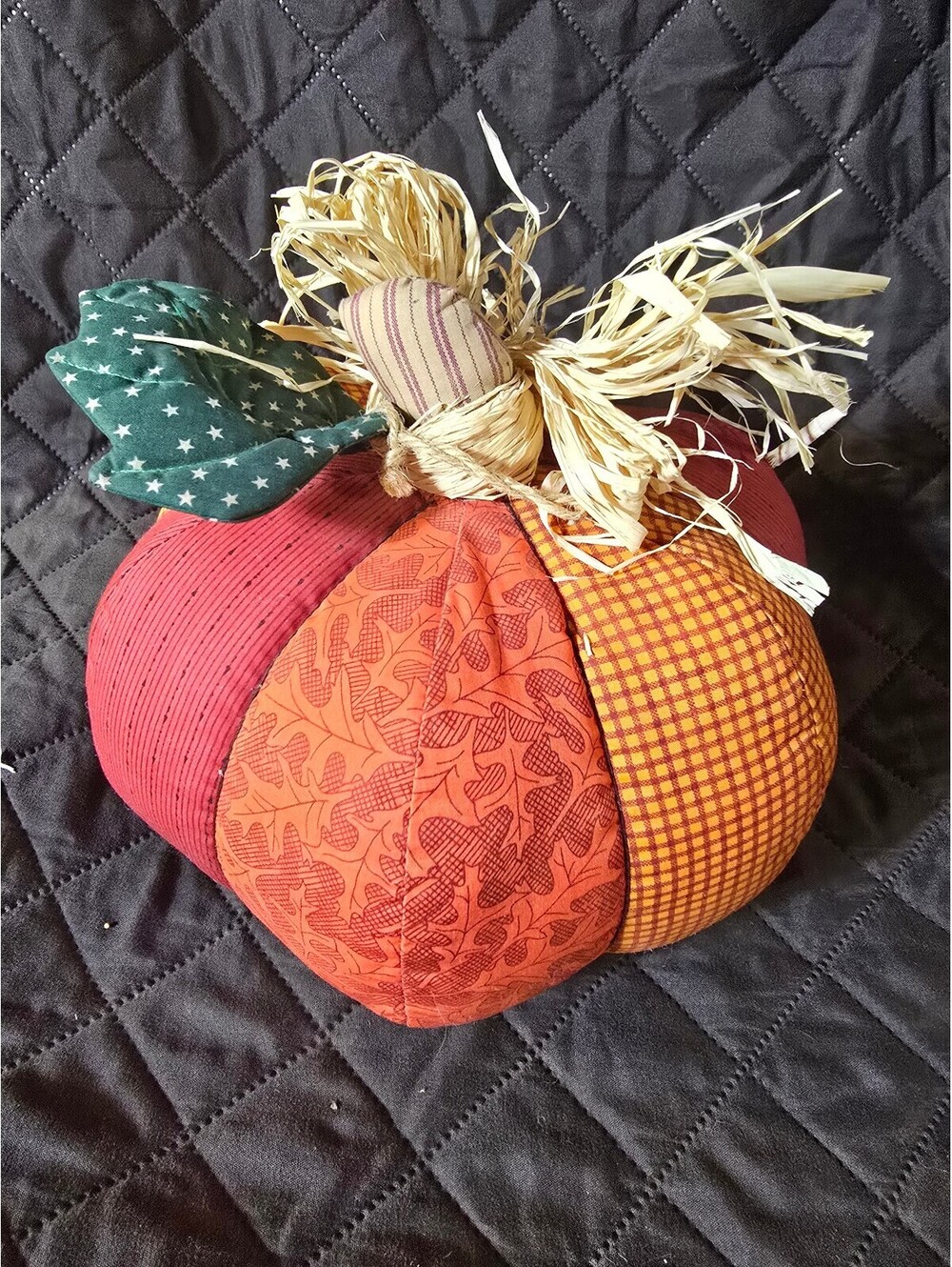 Handmade Fabric Pumpkin Decoration with Raffia Stem and Patchwork Design